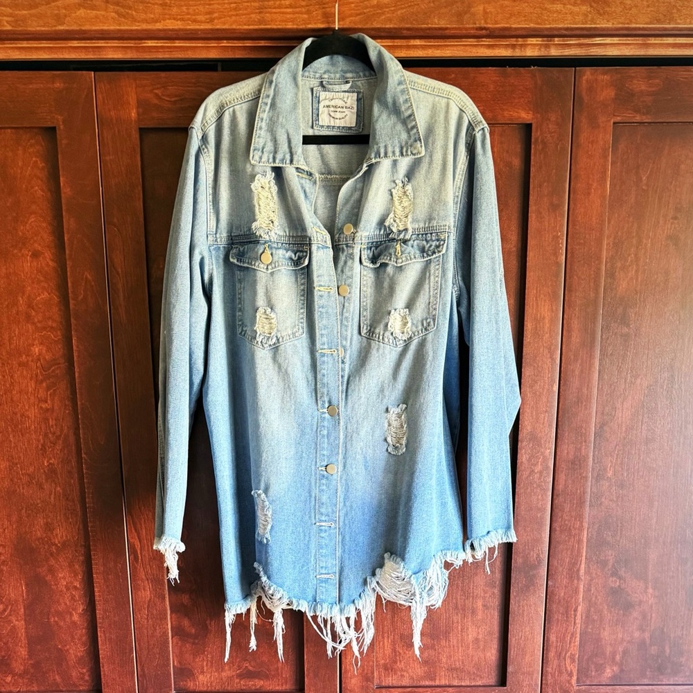 American Bazi Light Blue Distressed Denim Shacket